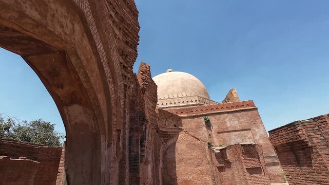 Close-Up of Ancient Crumbling Walls and Exposed Old Masonry at the Mughal Era Kabuli Bagh Mosque Heritage Site Built by Babur