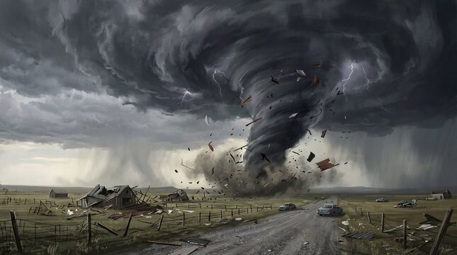Large dark tornado spinning over a flat rural landscape