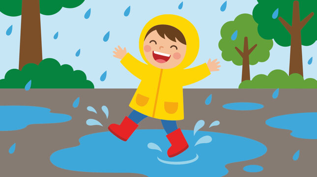 Child wearing raincoat playing in rain puddles