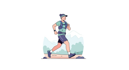 Obraz premium Trail Runner Man Running Marathon in Mountains with Hydration Pack and Cap