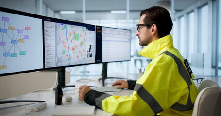 Mature Police Analyst Studies Crime Maps On Computer