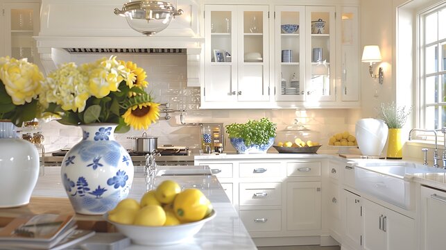 Elegant white kitchen interior featuring a blue and white ceramic vase filled with bright sunflowers and fresh yellow lemons