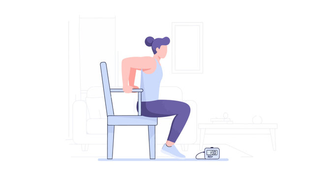 Woman doing chair dips at home for fitness, strength training, and home workout.