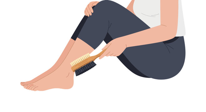 Woman dry brushing her leg with a natural bristle brush for exfoliation and circulation