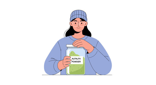 Woman holding jar of alfalfa sprouts, healthy food, organic gardening, sustainable living