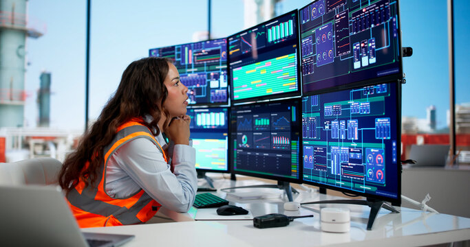 Tired Female Engineer Examines Refinery Computer Screen