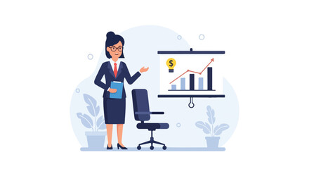 A female business professional stands next to a presentation board showing upward financial trends and creative investment ideas. © Samsul