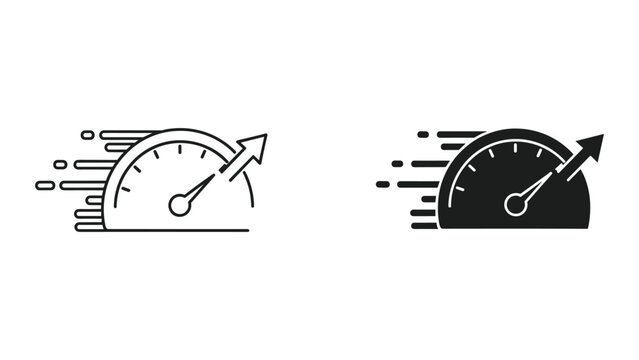 Two speedometer icons with arrows indicating fast performance and rapid acceleration on white background