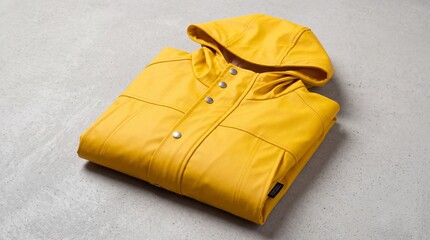 Naklejka premium Folded yellow raincoat with hood on a gray surface