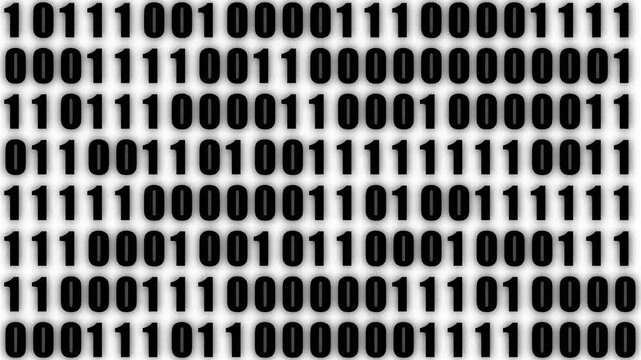 Glow white binary digital code black background with randomly changing zeros and one.