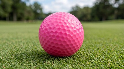 Naklejka premium Pink golf ball resting on green grass of a golf course