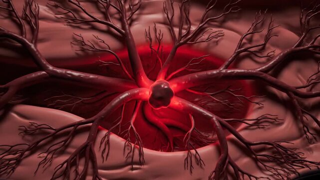 3D neuron brain network with glowing red synapse