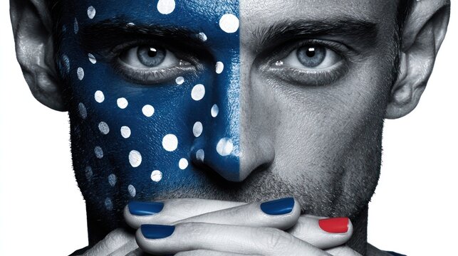 Striking close up of male face split between abstract blue pattern and grayscale portraiture