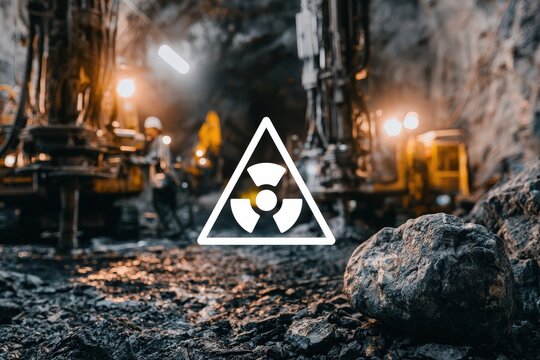 An underground uranium mining tunnel featuring industrial drilling equipment and rocky terrain, illuminated by soft lighting