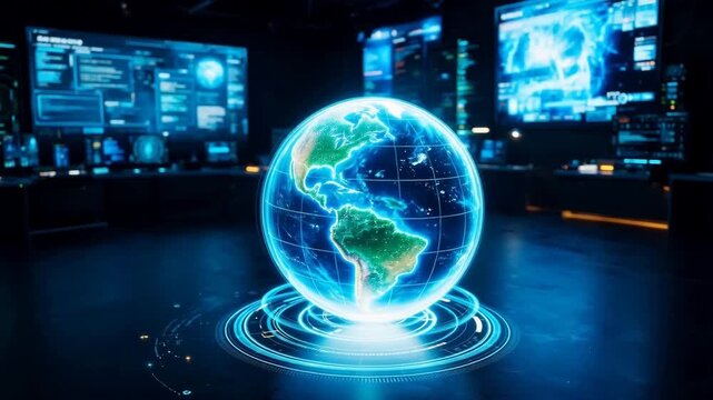 A futuristic digital globe rotates in a high-tech control room with illuminated screens and data displays.