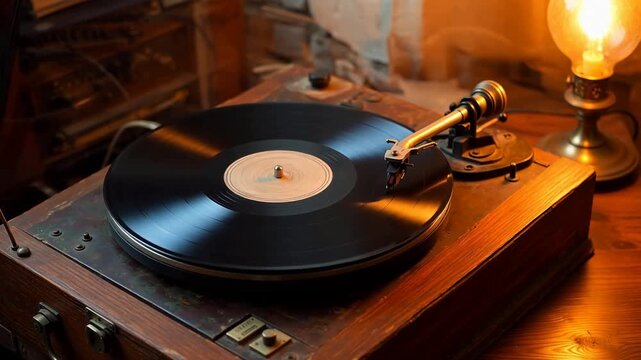 Vintage record player with spinning vinyl in a warmly lit room