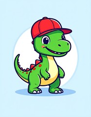 Obraz premium Smiling cartoon dinosaur wearing red cap.
