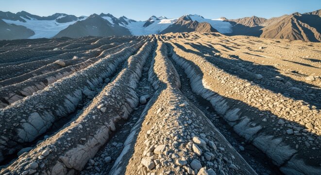 Parallel glacial moraine ridges in mountainous terrain under clear sky