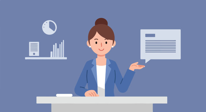 A professional woman in a blue suit stands at a desk, gesturing toward a speech bubble with data charts and a clock in the background.