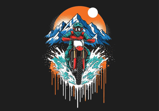 Motorcyclist Riding Through Water with Mountains and Moon.