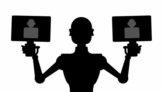Black silhouette of humanoid robot holding two screens with people on them