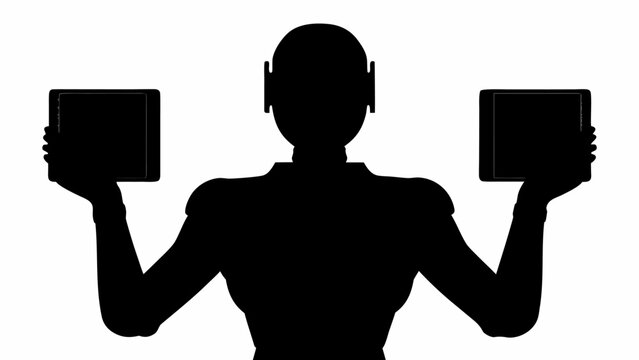 Black silhouette of humanoid robot holding two tablets on white background