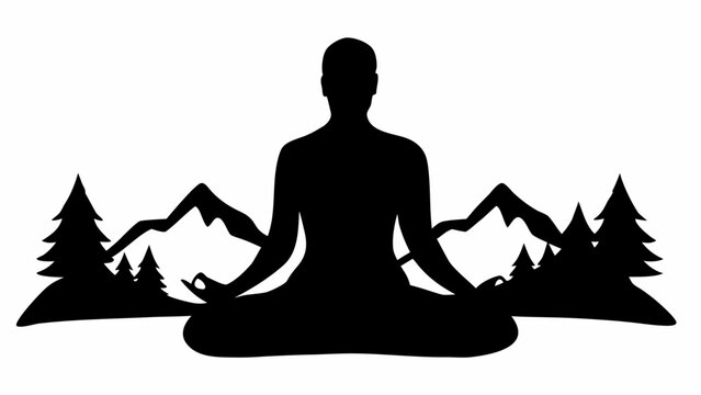 Calm person meditating in lotus position with mountain and tree silhouettes