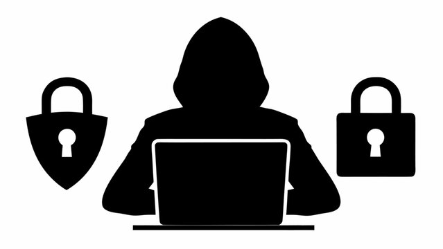 Black silhouette of a hooded hacker with laptop and lock symbols for cybersecurity concept