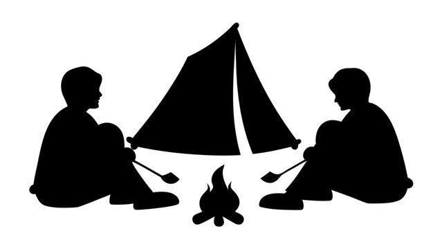 Black silhouette of two campers sitting near tent and campfire roasting marshmallows