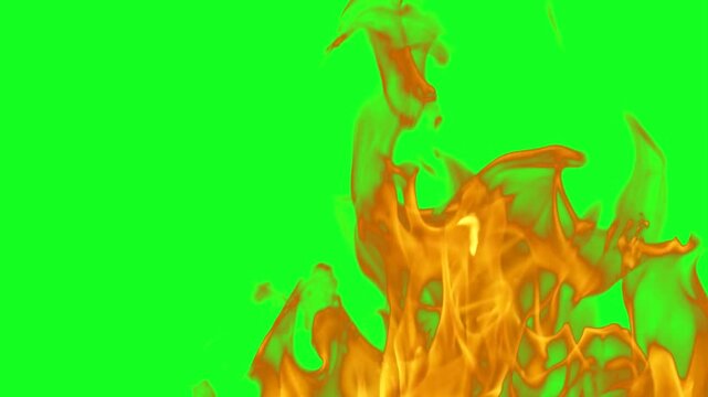 Thin vertical fire stream animation on green screen chroma key background with realistic orange red flames burning intensely streaming vertically for VFX video editing motion graphics professional