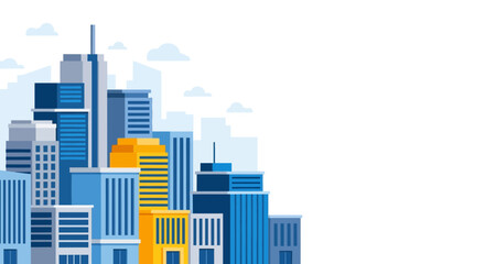 Obraz premium Modern Cityscape Illustration - Tall Buildings, Urban Skyline, Blue and Yellow Tones