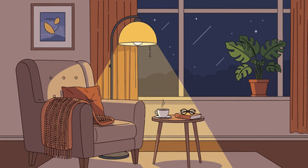 Cozy armchair by window at night, warm lamp light, relaxing atmosphere, starry sky © Diran