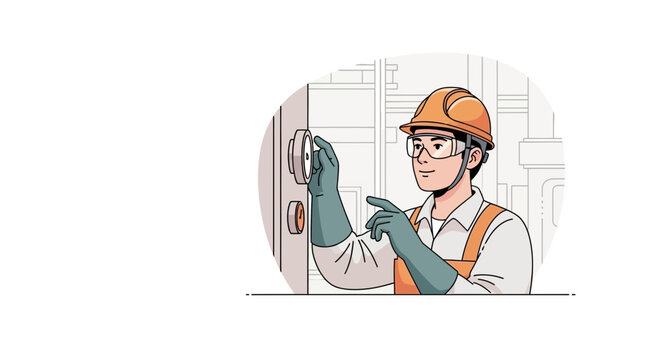 Electrician in hard hat and safety glasses adjusting electrical panel