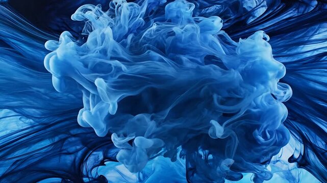 Abstract Blue Ink Cloud Explosion Underwater Motion Background.