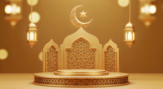 Gold islamic display podium featuring intricate patterns with hanging lanterns for holy ramadan kareem celebration events