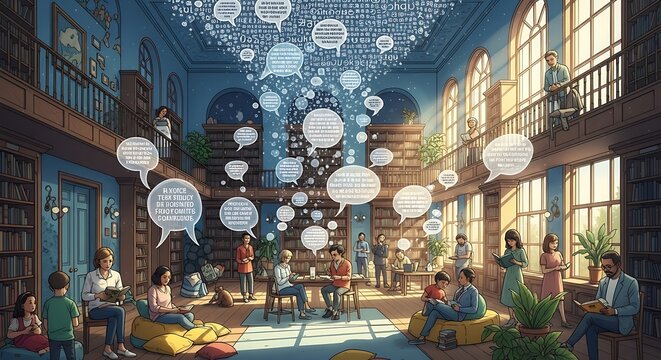 People gathered in a vibrant library with floating speech bubbles representing communication and knowledge sharing.