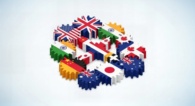 Interlocking gears with national flags symbolizing global economic cooperation during international trade