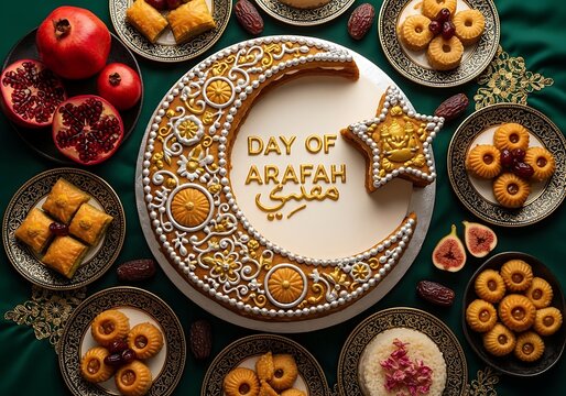 Day of arafah celebration cake with traditional sweets and pomegranate