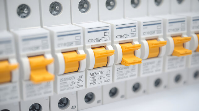 This is an electrical breaker panel containing miniature circuit breakers with yellow safety toggles