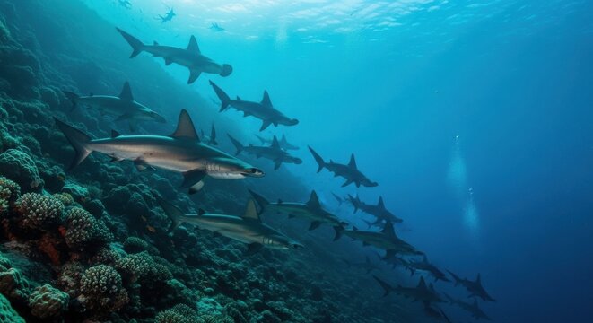 School of Hammerhead Sharks Swimming in Blue Ocean Depths