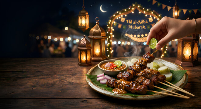 Hyper-realistic hyper-detailed ultra-sharp commercial studio food photography of premium sate kambing arranged elegantly on a matte black ceramic plate