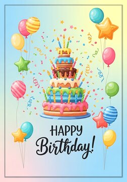 Happy birthday greeting card with layered cake and colorful balloons