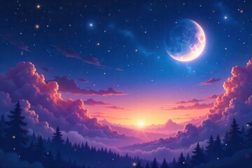 Fototapeta premium Serene twilight landscape enchanted forest digital art night sky wide view nature's beauty