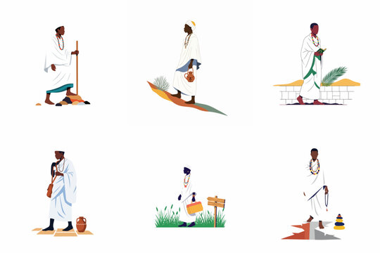 Set of flat illustrations of a man in traditional white robes performing daily activities such as traveling, reading, and walking through different landscapes.