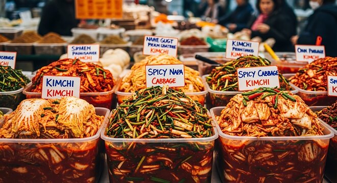 Colorful display of kimchi at a market stall with various spicy cabbage options