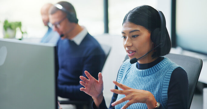 Telemarketing, woman or mic with computer in call center for needs assessment, finance offer or CRM. Sales, financial agent or discussion on tech for product knowledge, explain service and coworking