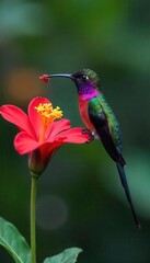 Fototapeta premium Hummingbird feeding on hibiscus flower in tropical garden wildlife photography close-up view of nature's beauty