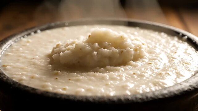 Closeup of creamy porridge bubbling in a rustic pan on a wooden table.