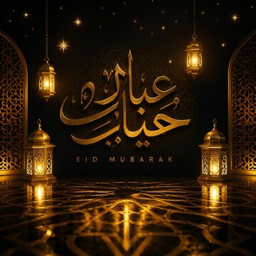 Eid mubarak golden calligraphy text with glowing hanging lanterns and traditional islamic night scene
