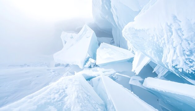Frozen ice chunks on snowy landscape.